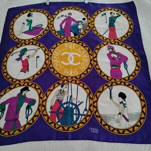 Chanel Rue Cambon vintage sports silk scarf 33" x 33" very rare and collectable!